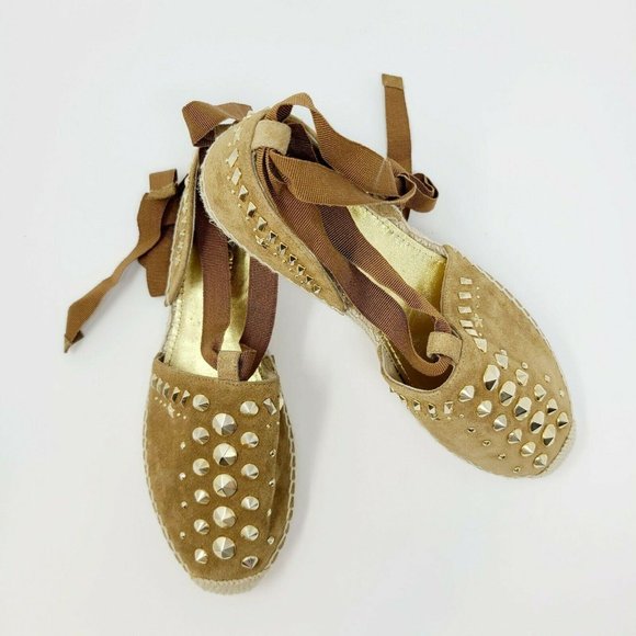 Jimmy Choo Brown Suede Gold Studded Lace Up Flats Espadrille - Picture 8 of 9